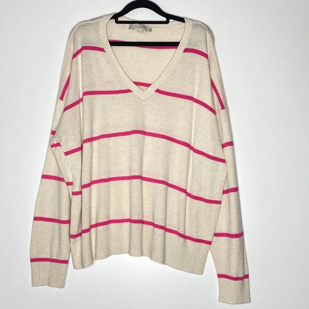 LOFT Striped V-Neck Knit Drop Shoulder Sweater Women's Size XL - Picture 2 of 8